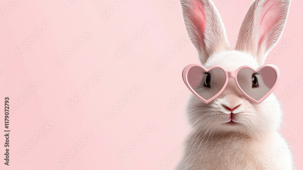 Cute rabbit and heart, Valentine's Day, A whimsical image of a pink rabbit sporting heart-shaped sunglasses, designed for vibrant and playful themes, captured in high fidelity. Cute rabbit and heart, Valentine's Day, A whimsical image of a pink rabbit sporting heart-shaped sunglasses, designed for vibrant and playful themes, captured in high fidelity.