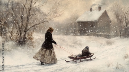 Woman pulling child on sled through snowy landscape towards house. (1)