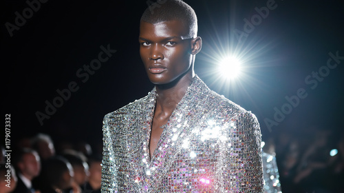 A male model at a fashion event wearing  silver shimmering jacket,  Runway fashion show 