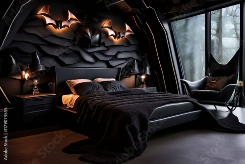 77 the batcave a dark mysterious room with a bat themed bedsprea