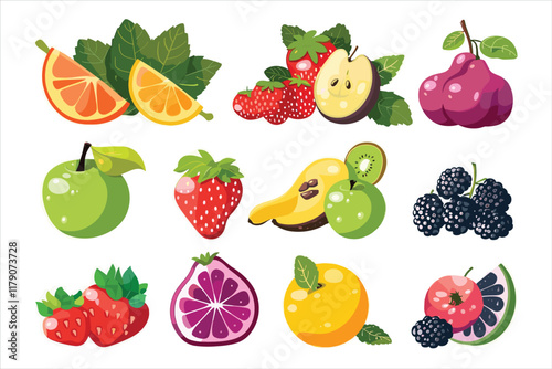 set of different fruits and berries Flat style vector illustration isolated on a white background