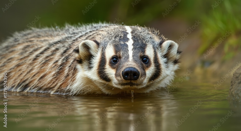 North american badger in water: wildlife habitat and behavior exploration North american badger in water: wildlife habitat and behavior exploration