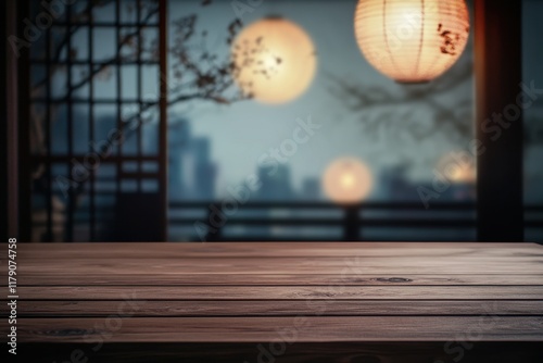 Wooden table, Asian lanterns, city view, night, restaurant