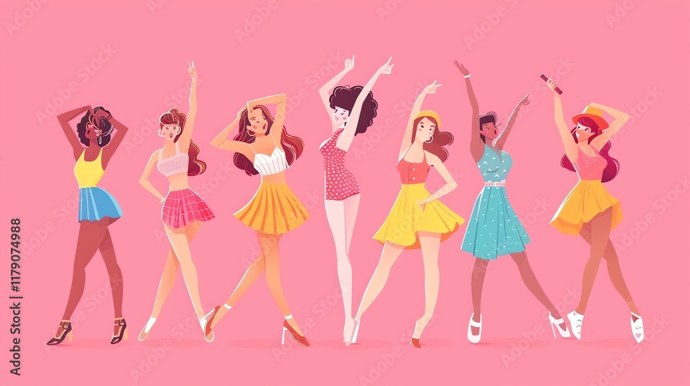 A cartoon illustration of eight women in summer clothing, dancing and celebrating. A cartoon illustration of eight women in summer clothing, dancing and celebrating.