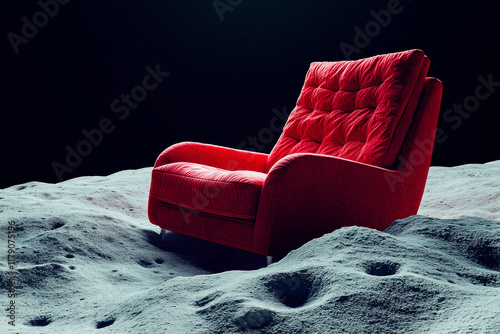 A red armchair on the moon with bumpy surface and dark space.