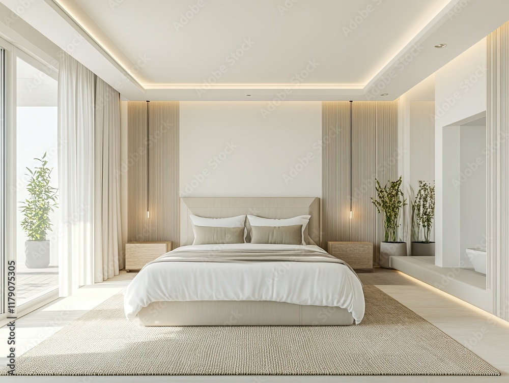 Modern minimalist bedroom suite with ocean view; relaxing coastal design for hotel or home. Modern minimalist bedroom suite with ocean view; relaxing coastal design for hotel or home.