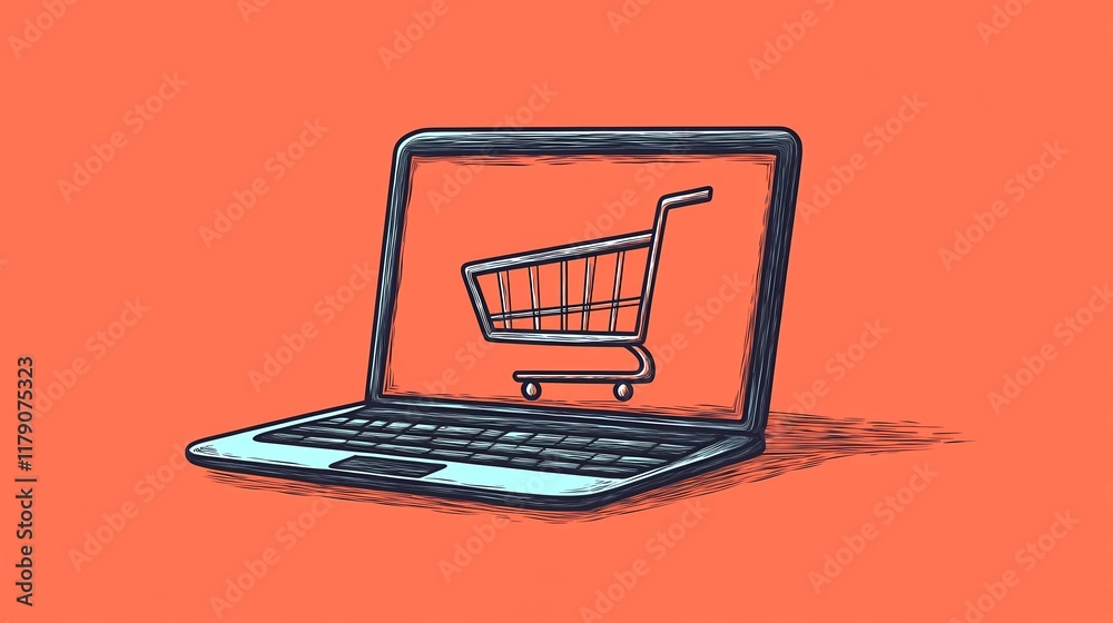 Abstract illustration of a laptop with glowing shopping-related icons, showcasing a concept of modern e-commerce and digital retail. Abstract illustration of a laptop with glowing shopping-related icons, showcasing a concept of modern e-commerce and digital retail.