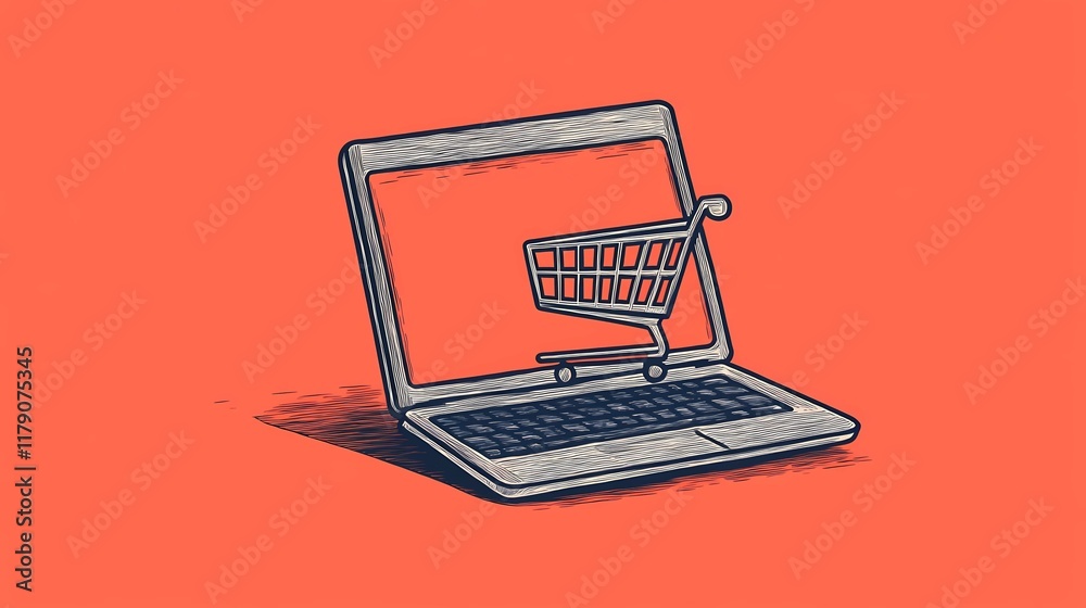Abstract illustration of a laptop with glowing shopping-related icons, showcasing a concept of modern e-commerce and digital retail. Abstract illustration of a laptop with glowing shopping-related icons, showcasing a concept of modern e-commerce and digital retail.