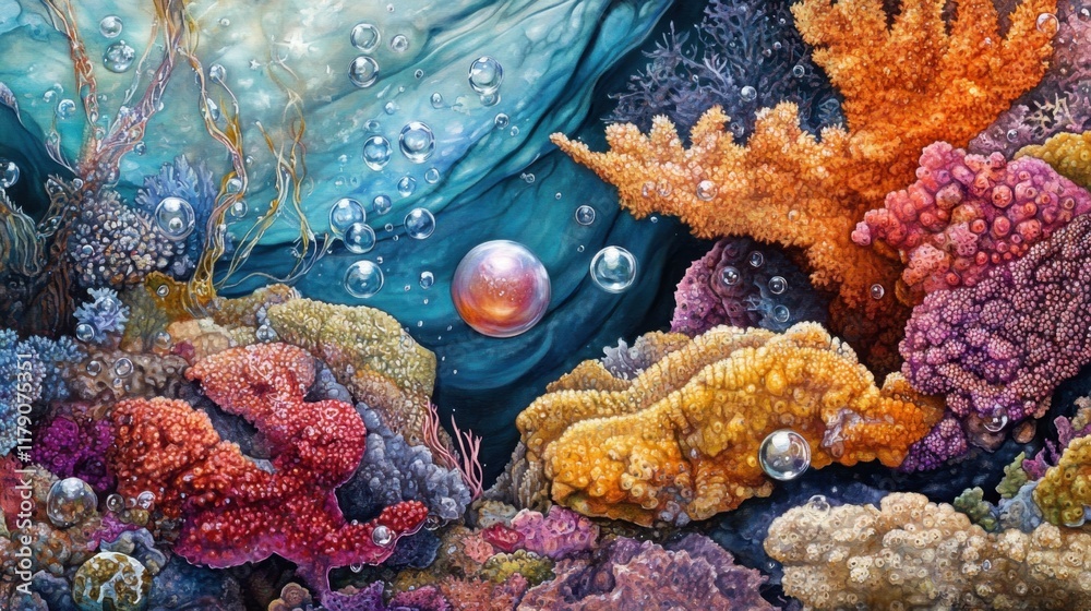 Obraz premium Vibrant coral reef teems with life, showcasing colorful corals, a pearl, and enchanting bubbles drifting in clear blue waters