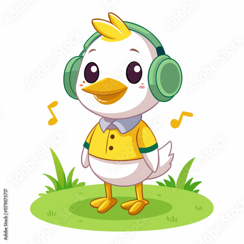 Cartoon Duck with Headphones - Playful Music Lover Illustration on Grass