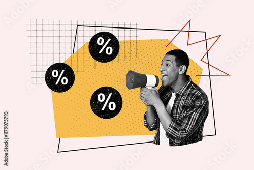 Composite trend artwork sketch image photo collage of sale low price bargain buyer sell young man hold loudspeaker talk proclaim attention