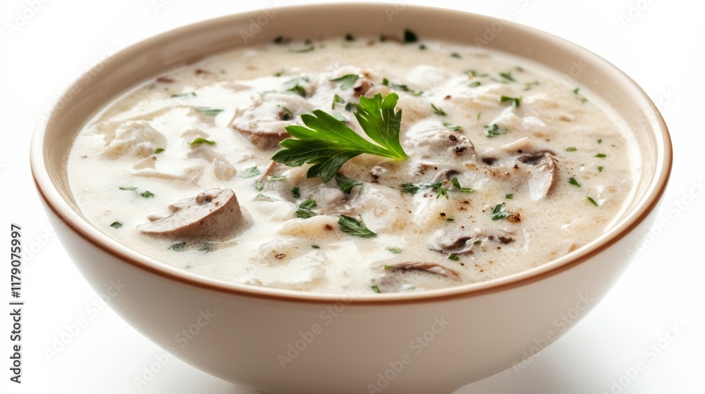 A bowl of creamy soup, served with garnish, isolated on white A bowl of creamy soup, served with garnish, isolated on white