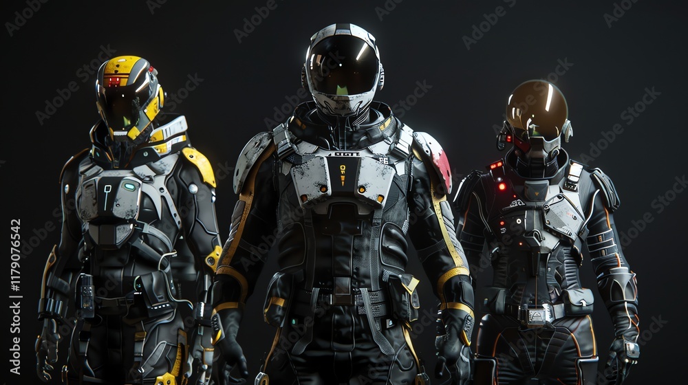 Three characters in futuristic space suits standing in a row. Three characters in futuristic space suits standing in a row.