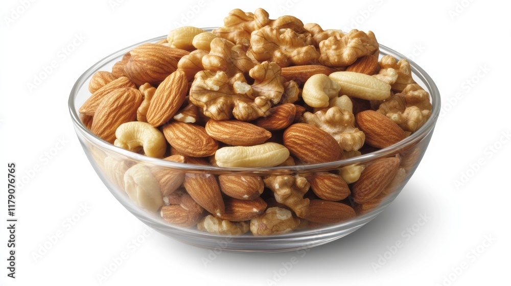 A bowl of mixed nuts, including almonds, cashews, and walnuts, on a white background A bowl of mixed nuts, including almonds, cashews, and walnuts, on a white background
