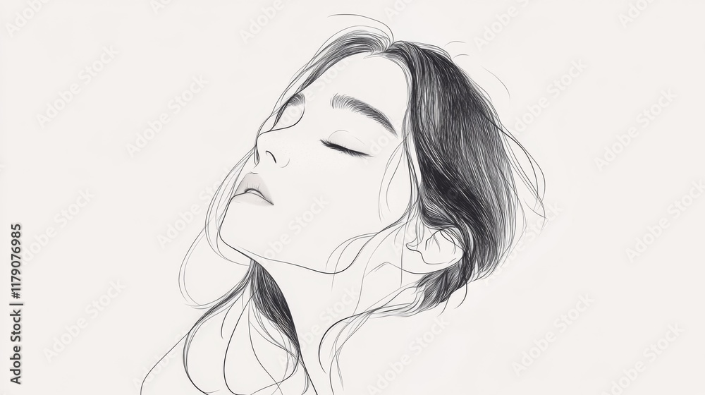 Serene woman portrait, minimalist line art sketch. Serene woman portrait, minimalist line art sketch.