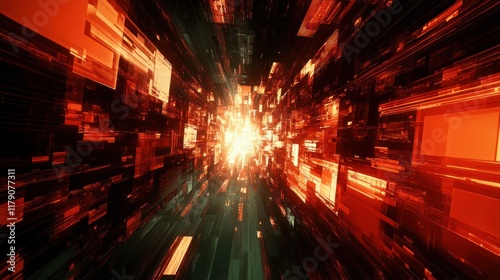 Abstract digital tunnel with glowing orange and red light streaks.