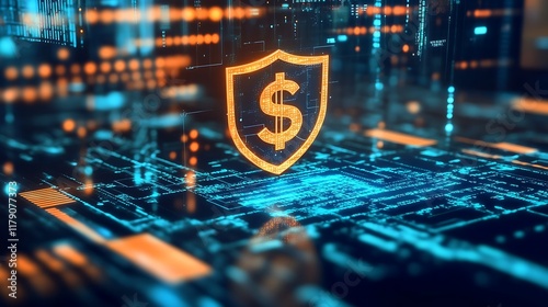 Digital dollar sign within a shield on a circuit board.