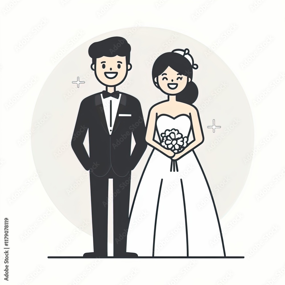 A modern line icon, a wedding blueprint showing the groom and bride, full body, cute avatars, smiling, bold contours. A modern line icon, a wedding blueprint showing the groom and bride, full body, cute avatars, smiling, bold contours.