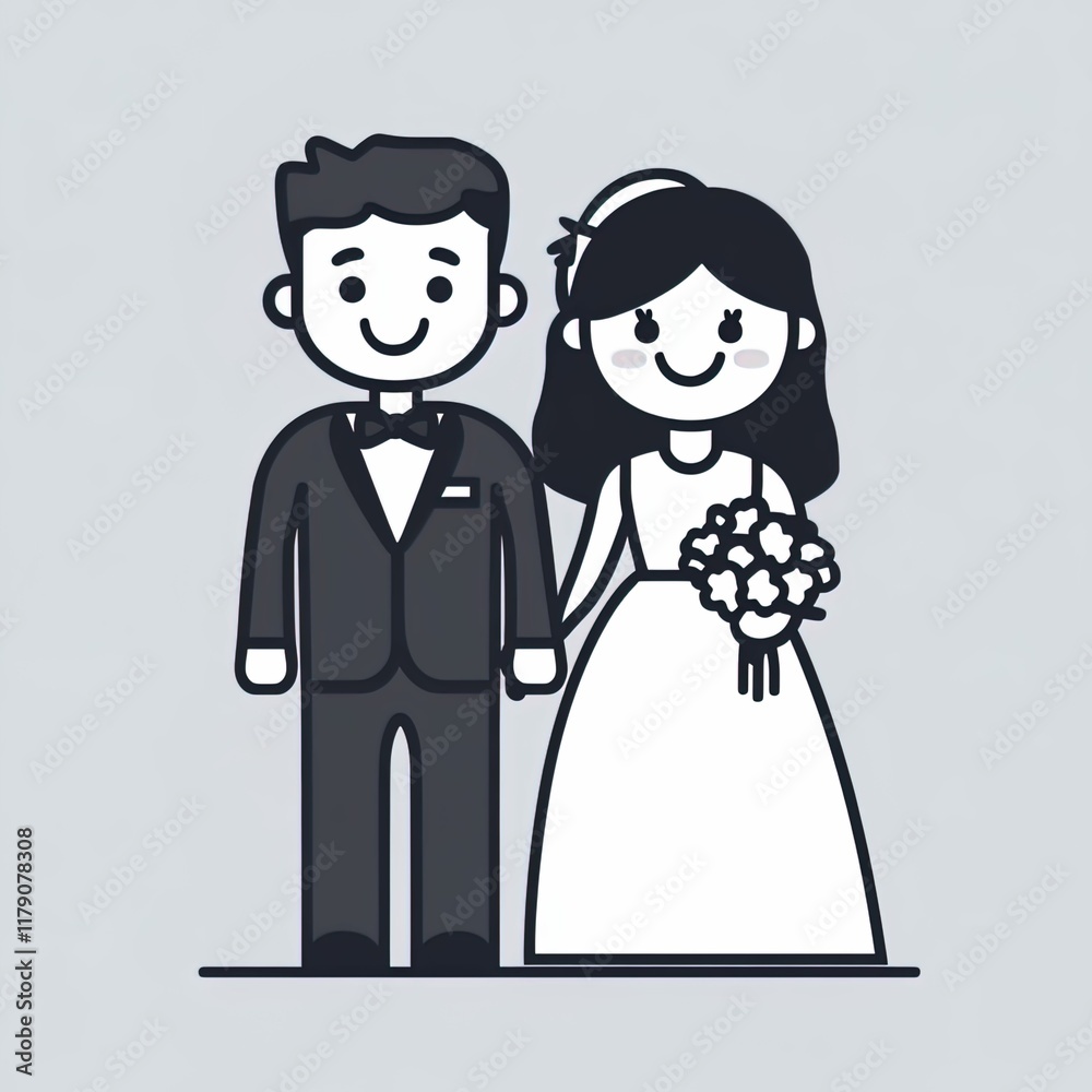 A modern line icon, a wedding blueprint showing the groom and bride, full body, cute avatars, smiling, bold contours. A modern line icon, a wedding blueprint showing the groom and bride, full body, cute avatars, smiling, bold contours.