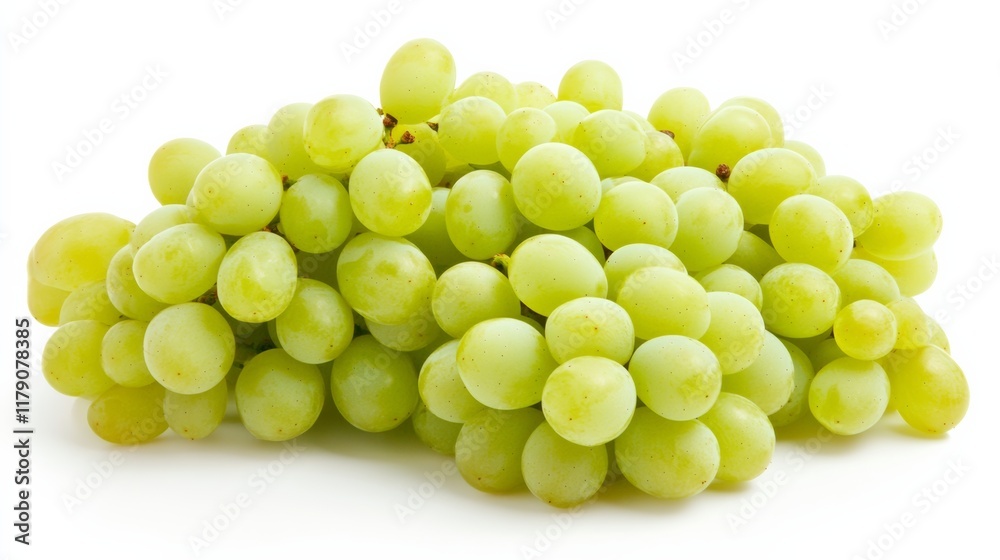 A bunch of plump grapes with a fresh green stem, isolated on a clean white background A bunch of plump grapes with a fresh green stem, isolated on a clean white background