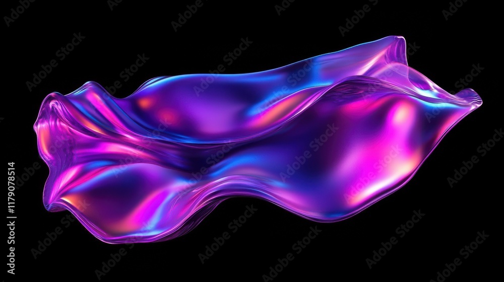 Obraz premium Abstract fluid holographic iridescent purple curved wave in dark background 3d render. Gradient design element for backgrounds, wallpapers, posters and covers.