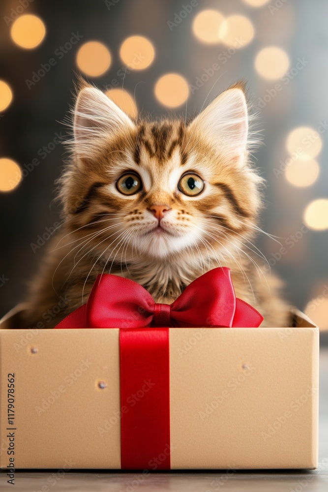 Cute kitten with a red bow sitting in a gift box surrounded by soft glowing lights Cute kitten with a red bow sitting in a gift box surrounded by soft glowing lights