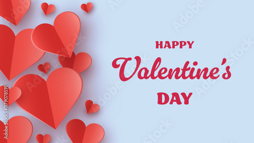 Valentine’s Day greeting card with floating paper cut hearts. Abstract background design. Vector illustration