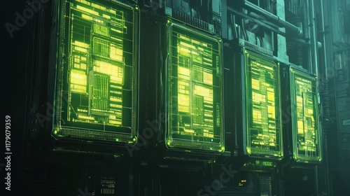 Futuristic green digital interface panels in a dark tech environment.