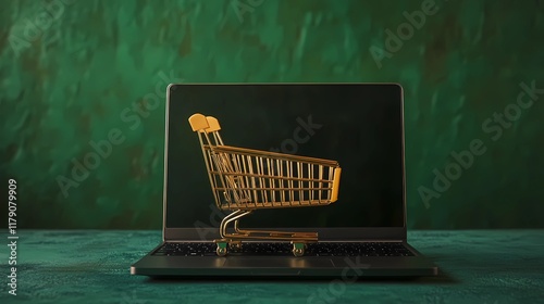 Minimalist abstract laptop illustration with shopping cart symbols and digital payment icons, ideal for e-commerce and online retail visuals.
