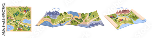 3D terrain maps set, landscapes, elevations and geographic features. Vector planning and education, architecture and geology. Representation of geographical landscapes with height, depth and slope