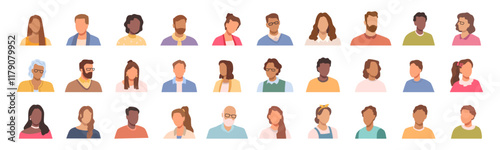 Portraits of people without faces. Vector pictures of persons of different nationalities and genders. Teenagers, adults and aging populations. Individuals of different professions and class levels