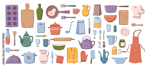 Kitchenware and tools, appliances and cutlery for cooking. Vector kitchen utensils, equipment and accessories collection. Pan and grater, pot and kettle, apron and potholder, knives and cups