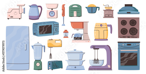 Kitchen appliances. Vector extractor hood, meat grinder and refrigerator, scales and electric kettle, blender and toaster, mixer and coffee grinder, steamer and pressure cooker, hob and gas oven