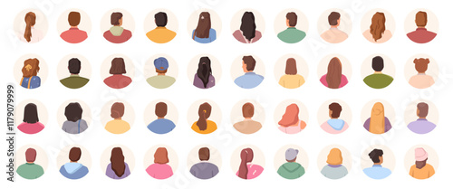 Round portraits of cartoon characters in daily clothes, look from behind. Vector isolated icons or avatars of male and female backs and hairs. Back view of heads and shoulders of men and women