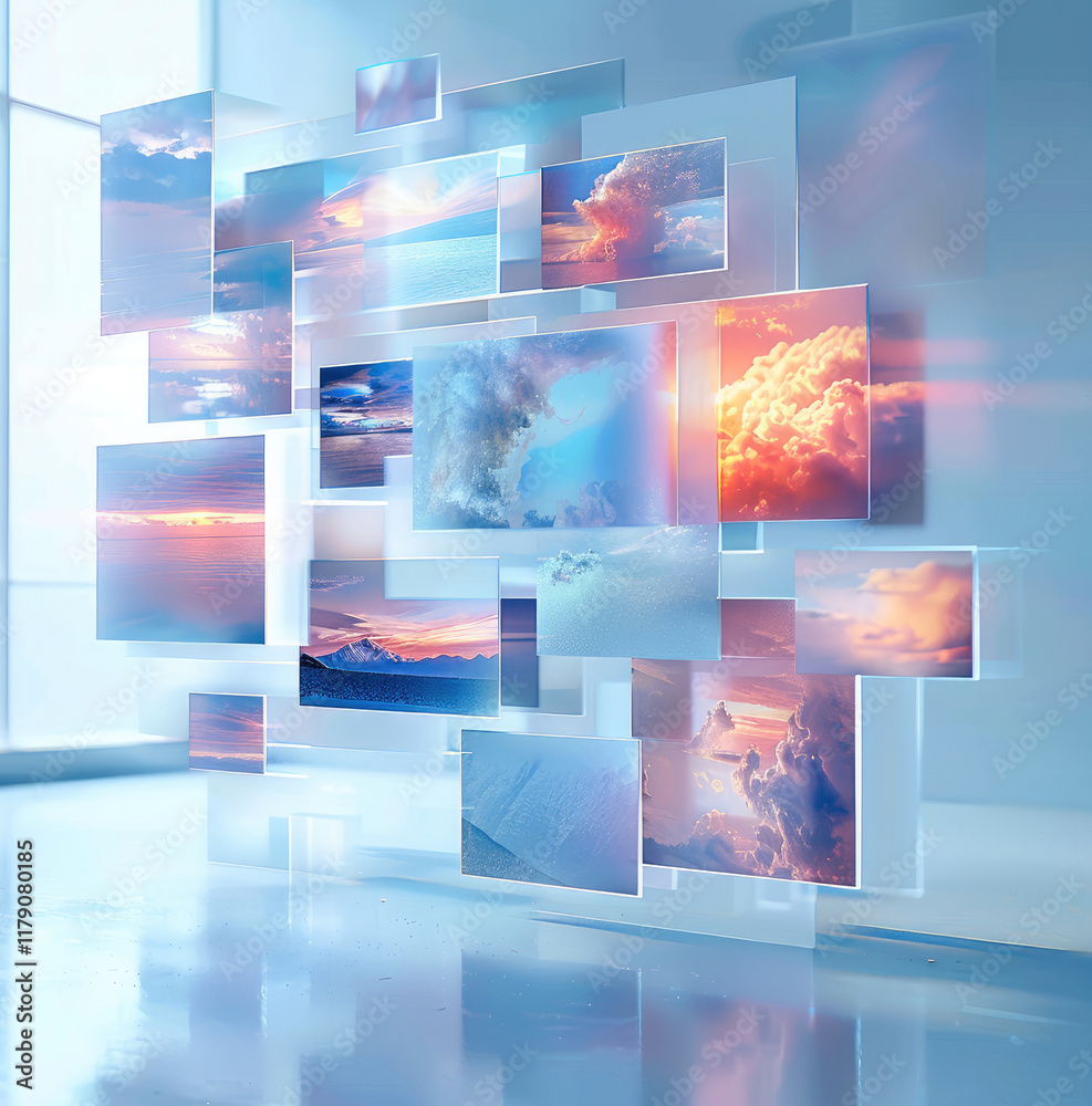 3D rendering of various images on a horizontal table, floating in the air. The background is white with a gradient of blue, featuring light and shadow effects. 3D rendering of various images on a horizontal table, floating in the air. The background is white with a gradient of blue, featuring light and shadow effects.