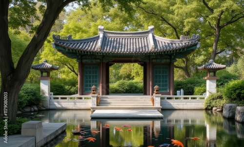 Serene garden with koi pond