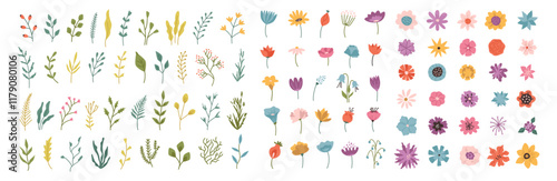 Meadow, forest and field flowers and plants, isolated blossom on season. Vector collection of buds, branches with leaves and flowerets on stems. Flourishing wildflowers. Summer and spring flora