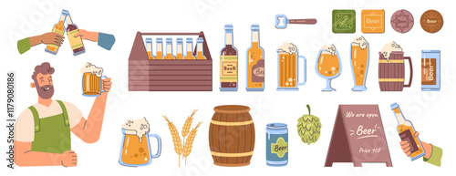 Craft beer and brewery symbols. Vector isolated bottles, barrels and glasses. Brewer, hops and rye ears, signboard and opener. Assortment of alcoholic beverages, pub or drinking festival elements