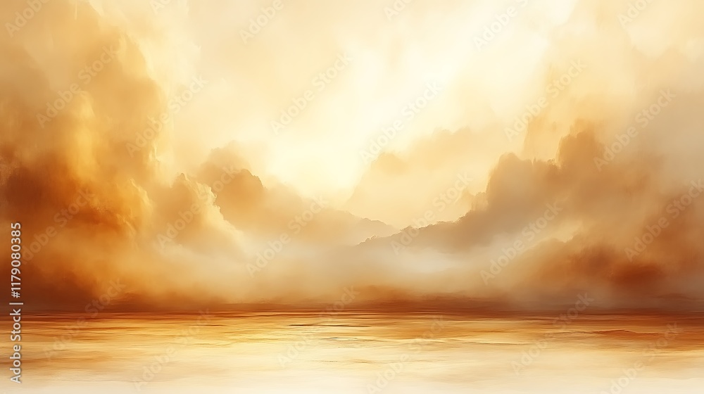 Golden sunset over misty mountains reflected in calm water. Golden sunset over misty mountains reflected in calm water.
