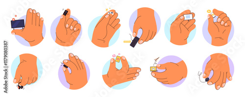 Hand holding small devices, isolated giant arm with pc and smartphone. Vector in flat style, joystick and controller, keyboard and mp3 player, mouse and headphones. Messenger and social media