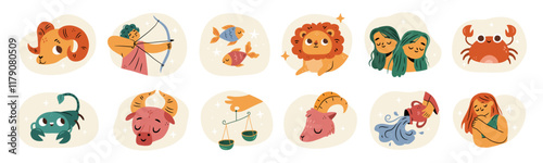Horoscope zodiac signs set. Vector in flat style, astrological earth element symbol, set of doodles of virgo and libra, aries and gemini, leo and taurus, pisces and sagittarius, scorpio and capricorn