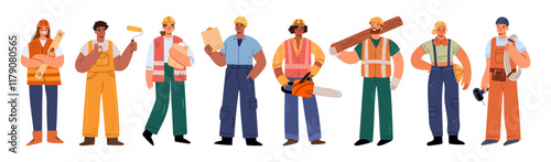 Construction workers set, repair service employees, builders, repairmen and renovation foremen. Vector in flat style, isolated collection of men and women personages wearing helmets and uniforms