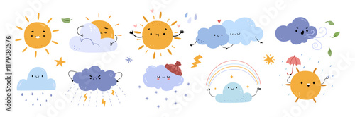 Characters or emoticons, weather personages with smiley faces. Vector in flat style, isolated set of sun and clouds, rainbow and positive mood. Thunderstorm and wind, summertime and spring forecast