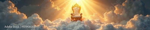 Heavenly light pours down upon a gleaming golden throne positioned atop a puffy white cloud, cloudy, illuminated photo