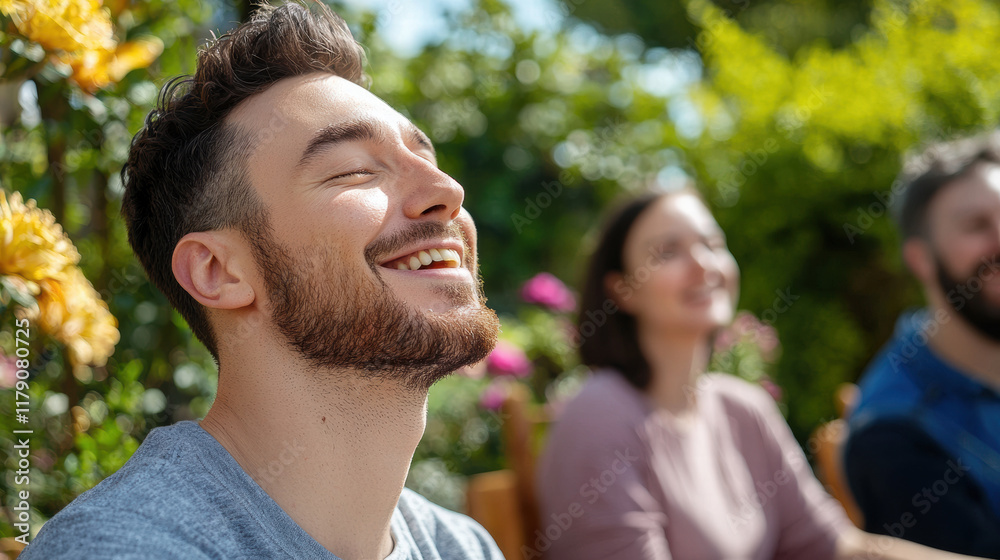 Fototapeta premium group of people enjoying mindfulness workshop in garden setting