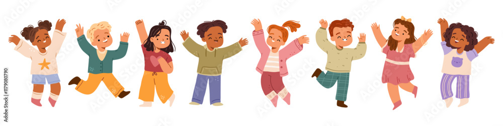 Excited and happy children running and jumping. Vector in flat style, isolated set of cute characters, boys and girls with closed eyes and smiles on faces. Happiness and gladness from kids Excited and happy children running and jumping. Vector in flat style, isolated set of cute characters, boys and girls with closed eyes and smiles on faces. Happiness and gladness from kids