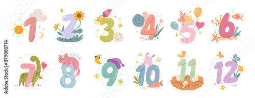 Children milestones, month or years anniversary for kids. Vector in flat style, baby monthly numbers cards. Animals and cute characters, greeting posters and postcards for celebration, banners