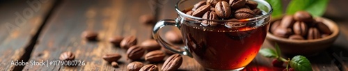 Rich cacao nibs steeped in warm liquid on wooden table, table, spices, liquid
