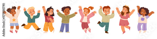 Excited and happy children running and jumping. Vector in flat style, isolated set of cute characters, boys and girls with closed eyes and smiles on faces. Happiness and gladness from kids