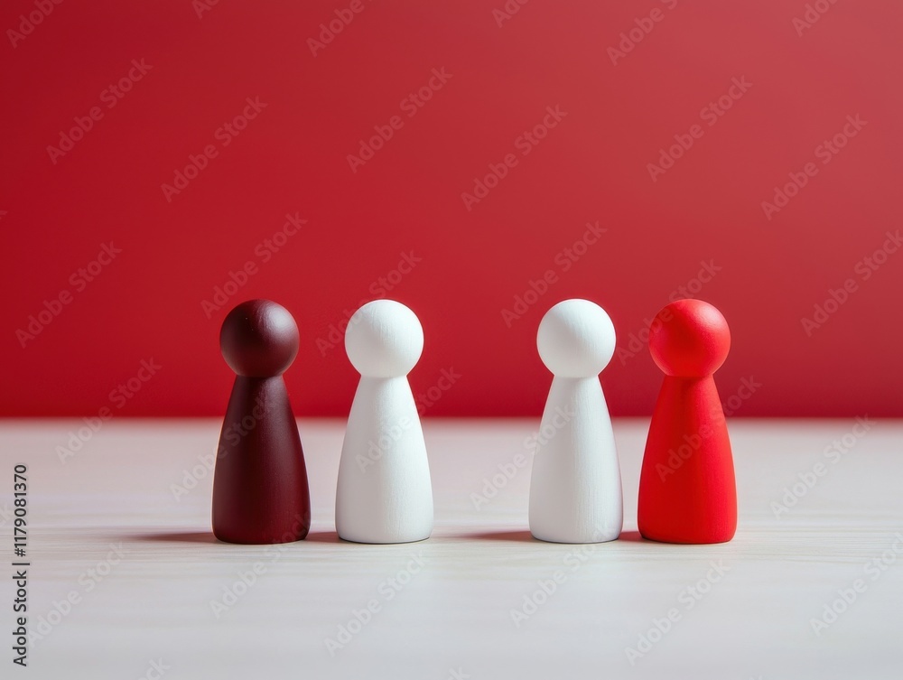 Colorful Game Pieces on Table with Red Background in Minimalist Style Colorful Game Pieces on Table with Red Background in Minimalist Style